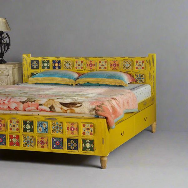 Vintage Charm by Induscraft: Solid Wood Bed in King & Queen Sizes with Storage Options – Bohemian Style