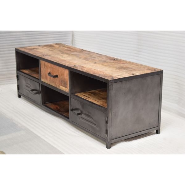 Industrial Mango Wood TV Cabinet with Metal Accents Designed for Durability and Storage in Modern Spaces