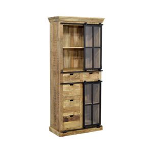 Industrial Mango Wood Display Cabinet with Sliding Glass Doors Durable Furniture for Home or Hotel