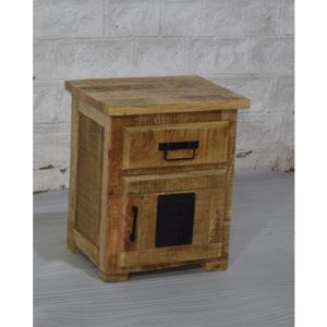 Rustic Mango Wood and Metal Bedside Cabinet Compact Storage Table for Living Room or Bedroom
