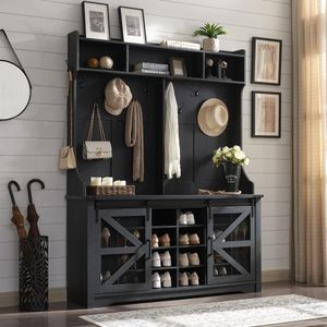 Hot Sale Farmhouse Entryway Hutch with Coat Rack,  Shoe Cubbies Coat Hooks Wide Hallway Hall Tree with Shoe Storage Bench