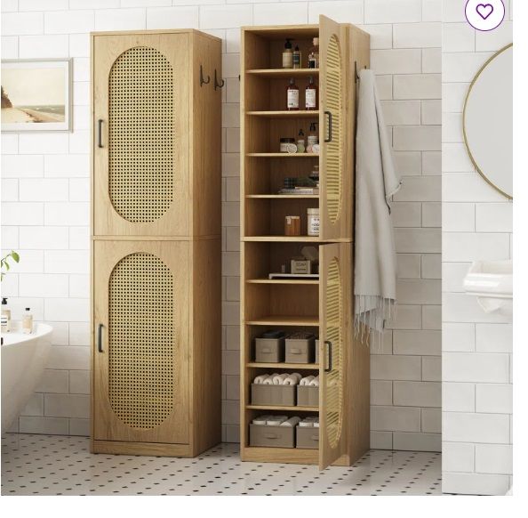 Rattan Doors and 4 Hooks Bathroom Storage Cabinet, Bathroom Floor Cabinets with Adjustable Shelves