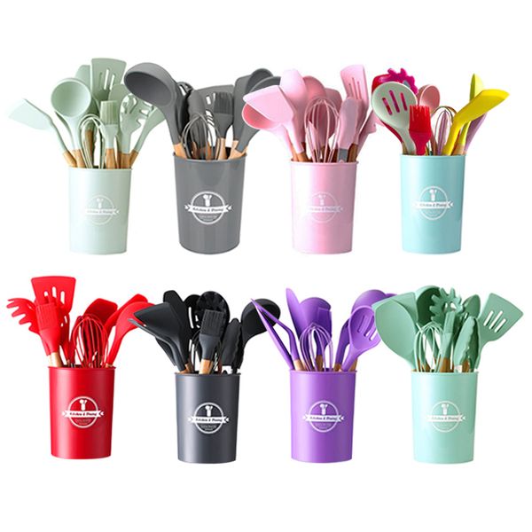 QZQ Wooden Spatula Handle Colorful Kit Cooking 12pcs Cookware Nonstick Baking Tool Cheese Wooden Silicone Kitchen Utensils Set