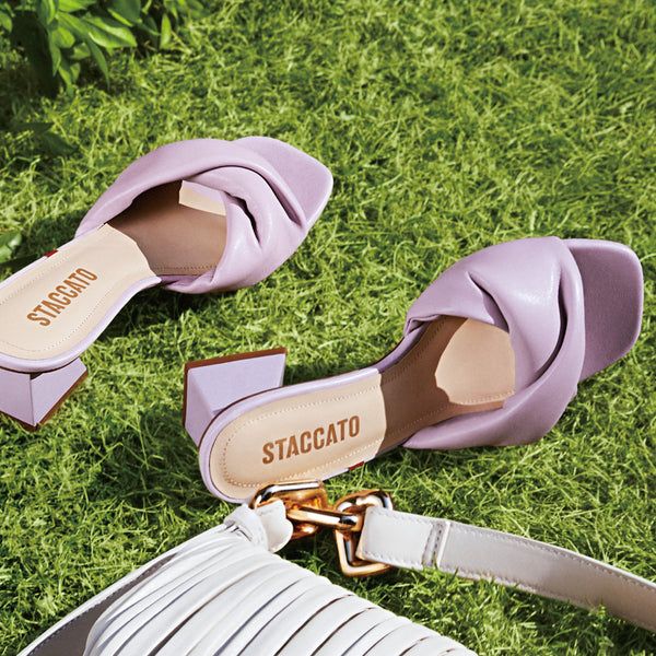 PURPLE LEATHER PUFFY HEELED SANDALS
