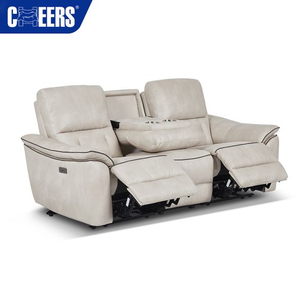 MANWAH CHEERS Modernos Beige 3 Seater Fabric Electric Sofa Living Room Furniture Set Recliner Sofa with Console Drop Down Table