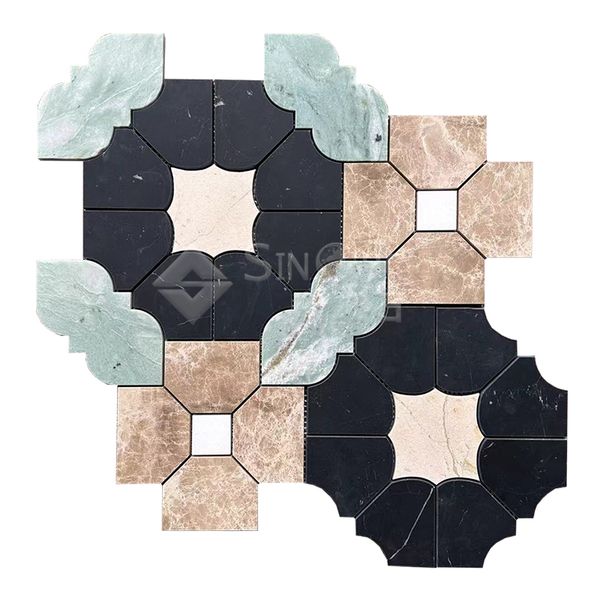 Black Light Beige and Greenish-Blue Waterjet Marble Mosaic
