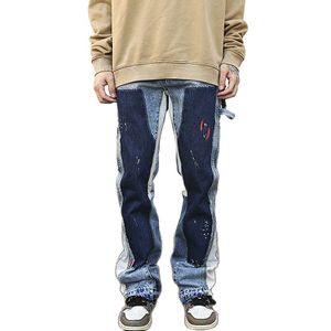 HEZ Designer Men Vintage Printed Patchwork Jeans Flare Leg Custom Cargo Pants Punk Style Stacked Flare Denim Jeans