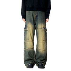 HEZ OEM/ODM Retro Style Washed Men's Loose Straight Cargo Denim Jeans Wide Leg Stone Washed Streetwear Baggy Jeans