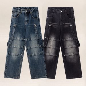 HEZ Custom Oversized Wide Leg Cargo Vintage Gothic Denim Men's Jeans With Belts Baggy Pants Streetwear Denim Jeans