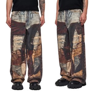 HEZ High Street Custom All Over Loose Straight Leg Jeans Digital 3D Printed Realistic Patchwork Baggy Denim Jeans for Men