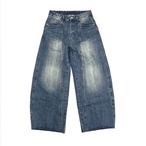HEZ Customize Plus Size Baggy Women Jeans Knife Cut Leg Baggy Denim Jeans Washed Blue Loose Fit Jeans for Women