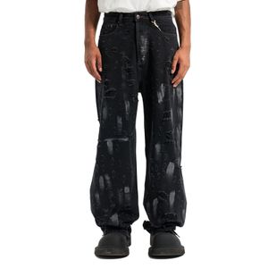 HEZ Jeans Manufacturer Custom Destroyed Straight Fit Wide Leg Denim Pants Splashing Ink Baggy Loose Fit Denim Jeans for Men
