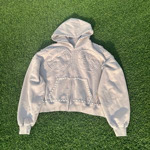 Custom Men's High Quality Sticker Embroidery Logo With Pearl Terry Zip Boxy Hoodie