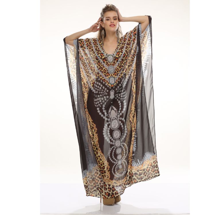 Women's One-Piece Georgette Kaftan Lightweight Summer Maxi Dress Tribal Printed Free Size Loose Fit Beach Resort Wear Sexiness