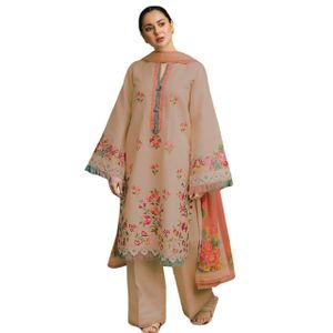 Stylish Summer Lawn Suit For Women Three Piece Flared Trouser Embroidered Shirt With Organza Dupatta Lightweight Cotton Clothing