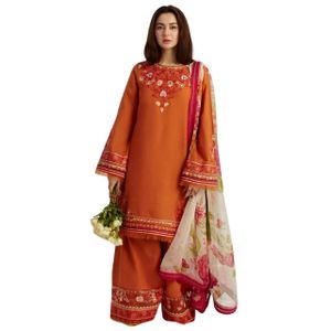 Daily Wear Lawn Suit For Women With Embroidered Shirt Pakistani Style Flared Trouser And Organza Dupatta Three Piece Casual Set