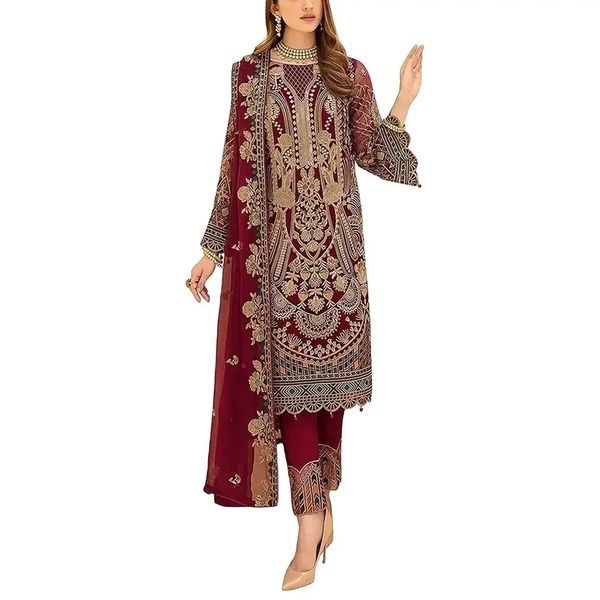 Womens Traditional Lawn Suit 3 Piece Embroidered Shirt Flared Trouser Pakistani Fashion With Organza Dupatta Seasonal Wear