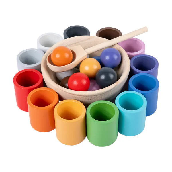 Wooden 12pcs Colorful Balls and Cups Set Color Classification Children Wooden Rainbow Toy Montessori Educational Kids Wooden Toy