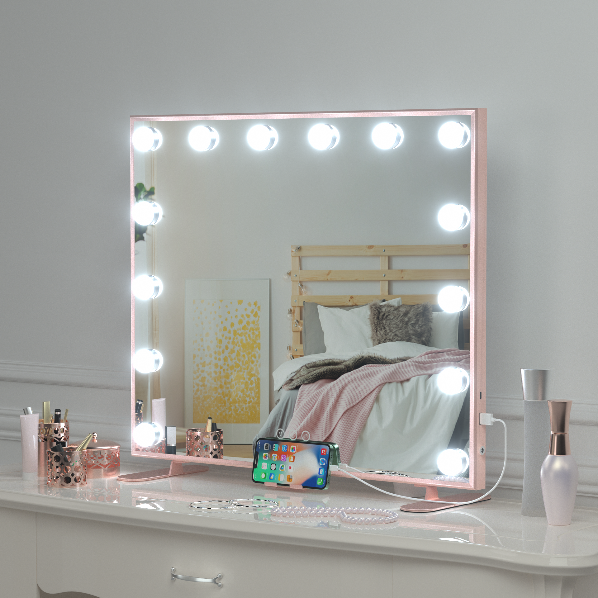 Hollywood Vanity Makeup Mirror with 14 Bulbs Lights Large Lighted Desk Wall Mirror with USB Charger Port Smart Touch Screen