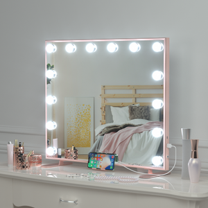 Hollywood Vanity Makeup Mirror with 14 Bulbs Lights Large Lighted Desk Wall Mirror with USB Charger Port Smart Touch Screen