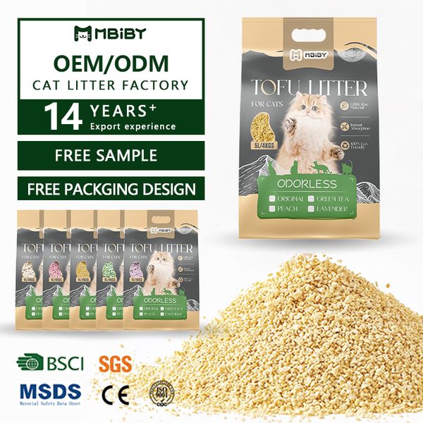 Mbiby High Quality Bulk Low Dust Quick Clumping Crushed Plant-Based Non-Toxic Flushable for Convenience Tofu Cat Litter Supplier