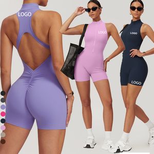 OEM Hollowing Casual Style Yoga Rompers Spring Summer Workout Bodysuit Zipper Women's Sports Jumpsuits for Gym Exercise Fitness