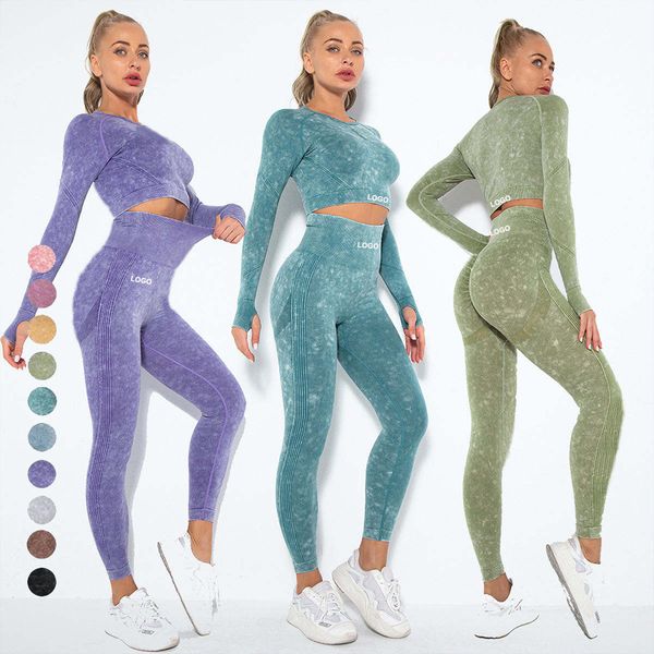 Women's High-Waisted Long Sleeve Activewear Leggings Pants New Seamless Washed Yoga Suit for Sports Running Training Print Fiess
