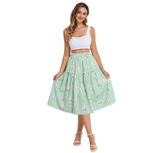 OEM Vintage Floral Midi Skirts for Women Mid-Calf A-Line with Tiered Swing Elastic Waist Open Side-Seam Pockets