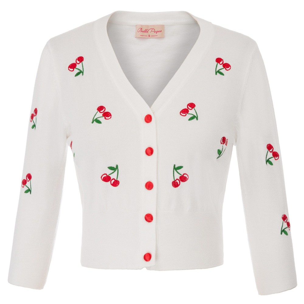OEM Black Cherries Embroidery 3/4 Sleeve Cropped Knitwear Women V-Neck Embroidery Vintage Cardigans