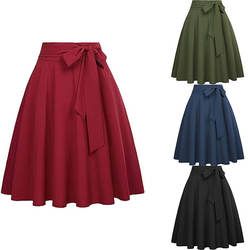 Women's Casual High Waist Winter A-Line Skirt Solid Color Self-Tie Bow-Knot Embellished Lace Print Made Chiffon Polyester