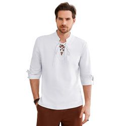 Men Renaissance Cotton Line Shirt Beach Hippie 3/4 Sleeve Lace up Renaissance Clothing