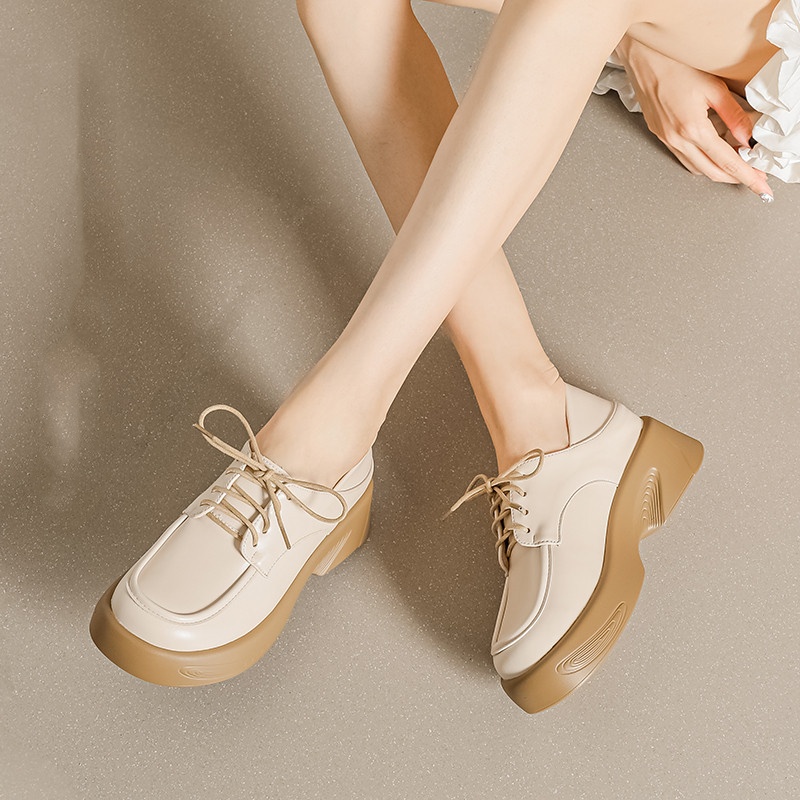 Women's Elegant Ballet Style Loafer Shoes with Lace-Up High Heel Muffin Thick Sole Light Feature Anti-Slip for Autumn Spring