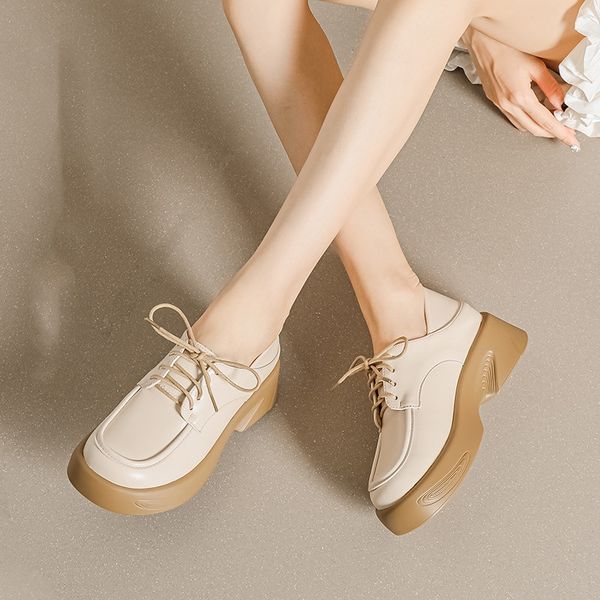 Women's Elegant Ballet Style Loafer Shoes with Lace-Up High Heel Muffin Thick Sole Light Feature Anti-Slip for Autumn Spring