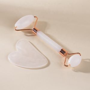 Gloway Frosted Pink Crystal Natural Jade Facial Roller and Guasha Massage Tool Anti Aging Massage Rose Quartz Jade Roller Set