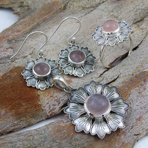 Flower Design 925 Sterling Silver Natural Rose Quartz Gemstone Set Collection Gift For Her Fine Bulk Jewelry Manufacturer