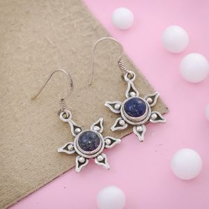 Elegant Lapis Gemstone 925 Sterling Silver Sunburst Design Vintage Style Women Dangle Earrings Fine Jewellery Manufacturer