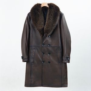NAFA Wholesale Mens Luxury Real Fur Trimmed Real Fur Lining Genuine Leather Long Coat With Best Quality
