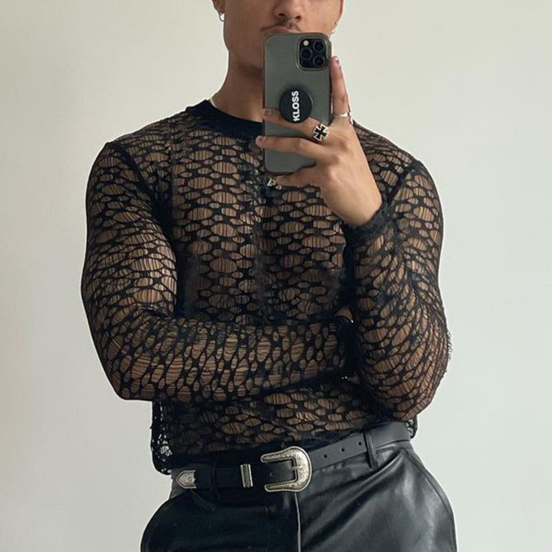 Sales Products Sexy Summer Transparent Mesh Hollow Out Tops Long Sleeve Thin Breathable T Shirt for Men