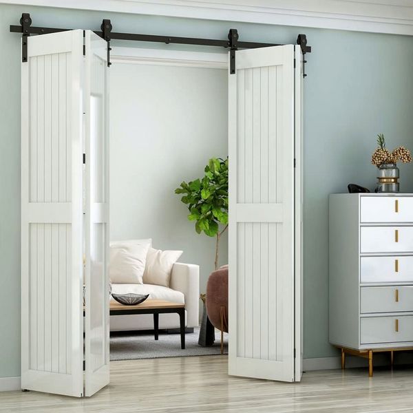 RHETECH Industrial Style J-Shape Bi-Folding Steel Sliding Barn Door Hardware Kit for 2 Doors for Bedroom or Kitchen