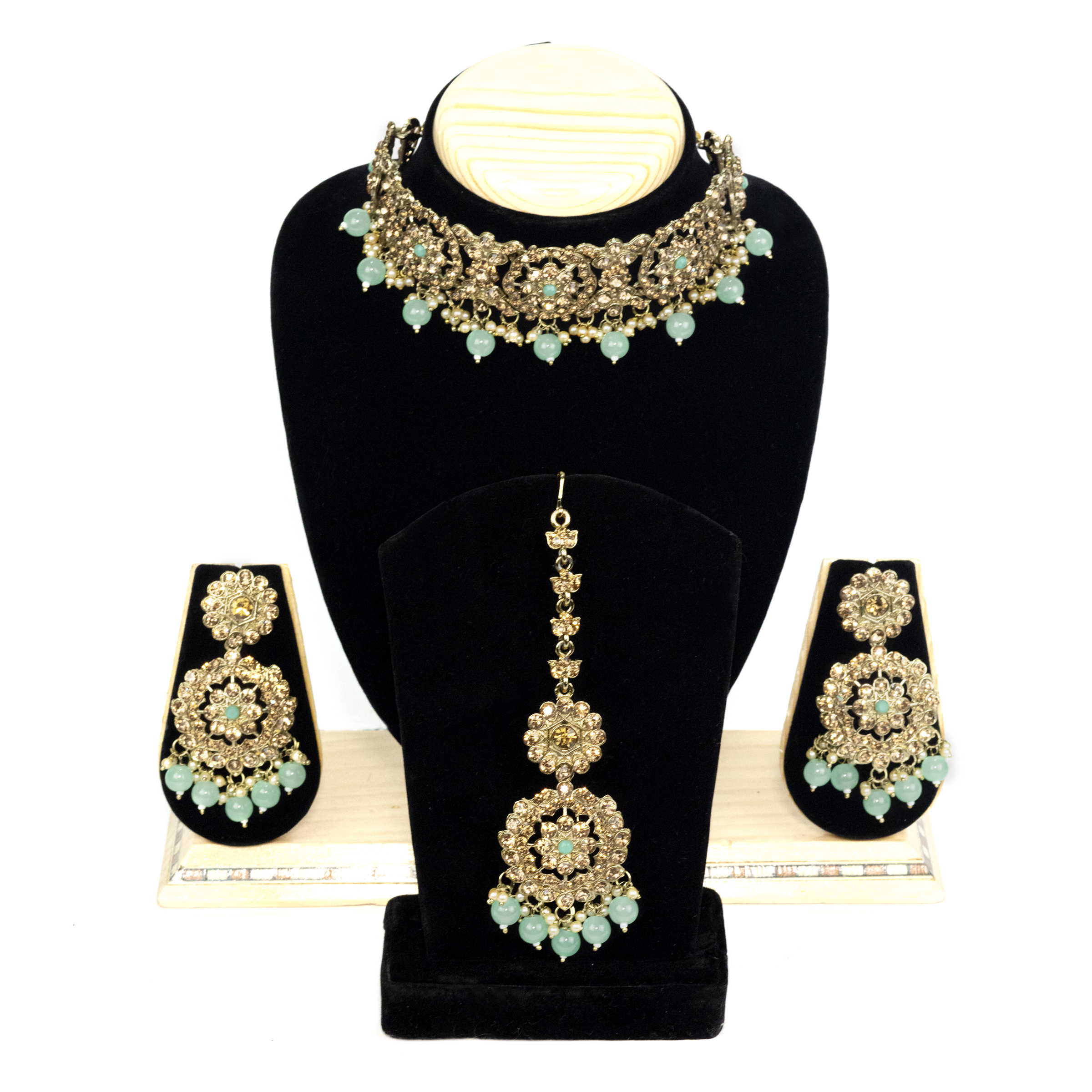 Three-Piece Turquoise Choker Necklace Set Hot Sale Gold Plated Maangtika for Party or Wedding Indian Bride Fashion Jewelry
