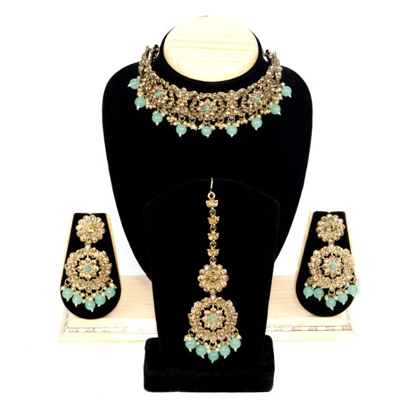 Three-Piece Turquoise Choker Necklace Set Hot Sale Gold Plated Maangtika for Party or Wedding Indian Bride Fashion Jewelry