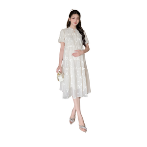 Maternity Dress With a Straight Design Made of Soft Embroidered Silk Chiffon Material Comfortable to Wear V1000 Not Discolored