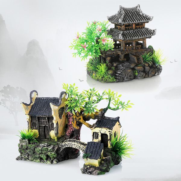 Cabin Water Village Cloud Crane Building Resin Crafts Fish Tank Aquarium Decor for Landscaping Rockery Ornaments