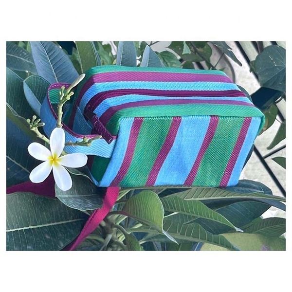 Customised Recycled Nylon Striped Cosmetic Pouch Unique Logo Design Zippered Travel Makeup for Toiletry Storage Case Durable Fas