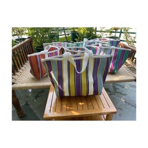 Custom Purple Yellow Striped Logo Eco-Friendly Reusable Nylon Tote Shopping Bag for Travel or Beach
