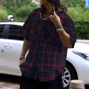 2025 men's European and American hot style trend plaid stitching buckle casual sports short-sleeved shirt