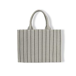 Classic Black & White Terylene-Cotton Blended Thread Fabric Tote Bag for Women - Stylish Shopping Bag  Casual Shoulder Handbag