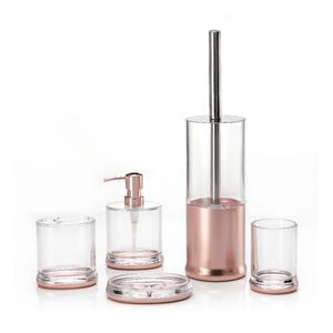Tuscan Clear Rose Gold Plastic Bathroom Accessory Set Soap Dish Toothbrush Holder Tumbler Soap Dispenser Toilet Lotion Dispenser