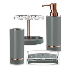 Plastic Gray Rose Gold Band Bathroom Accessory Set Soap Dish Toothbrush Holder Tumbler Soap Dispenser Toilet Lotion Dispenser