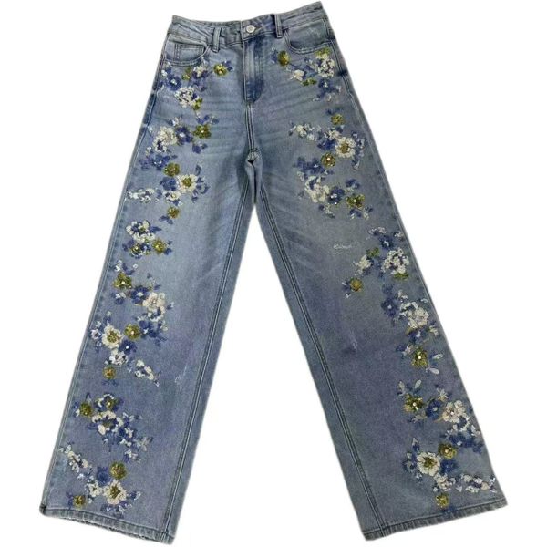 2025 Fashion Sequin  Embroidery Washed  Jeans Pants Y2k Jeans Baggy Jeans Custom Straight Pants for Women